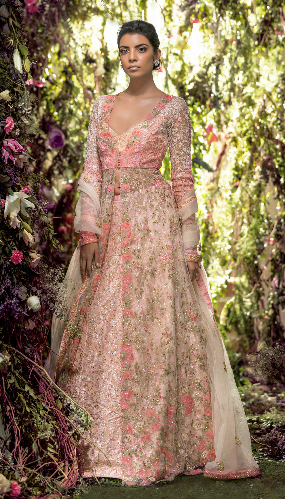 Pink Tulle Jacket with Floral Sequin Lehenga
