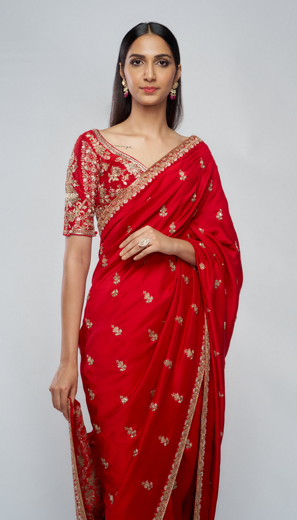 A Cherry Red Dupion Silk Saree