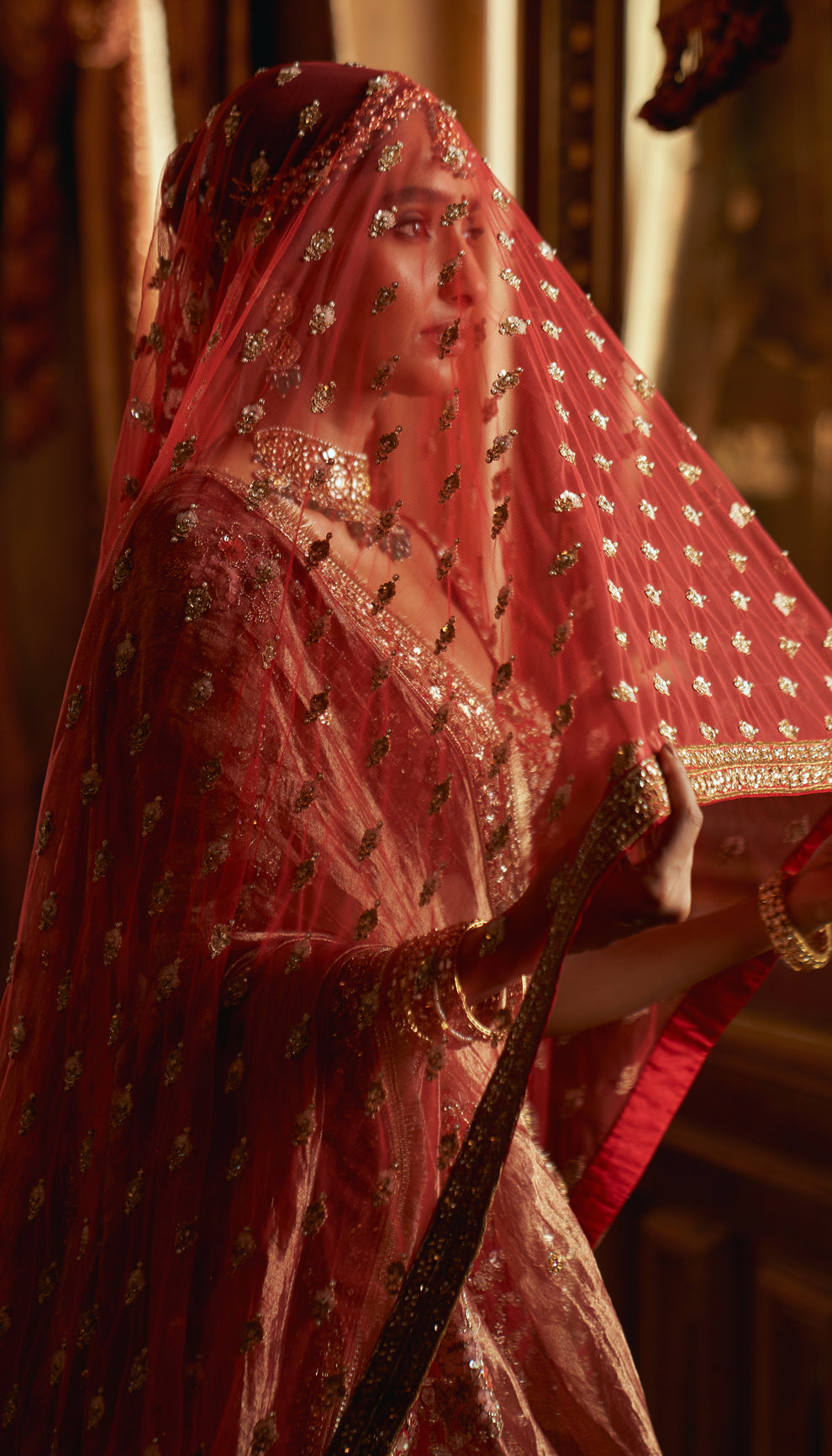 Red Raw Silk Bouquet Lehenga