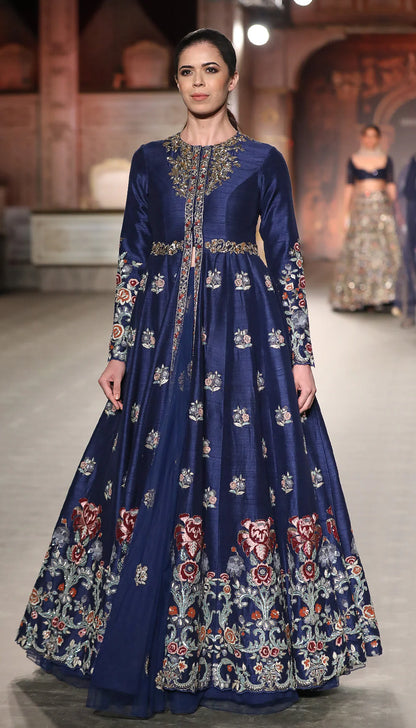 A Classic Muted Royal Blue Panelled Jacket lehenga