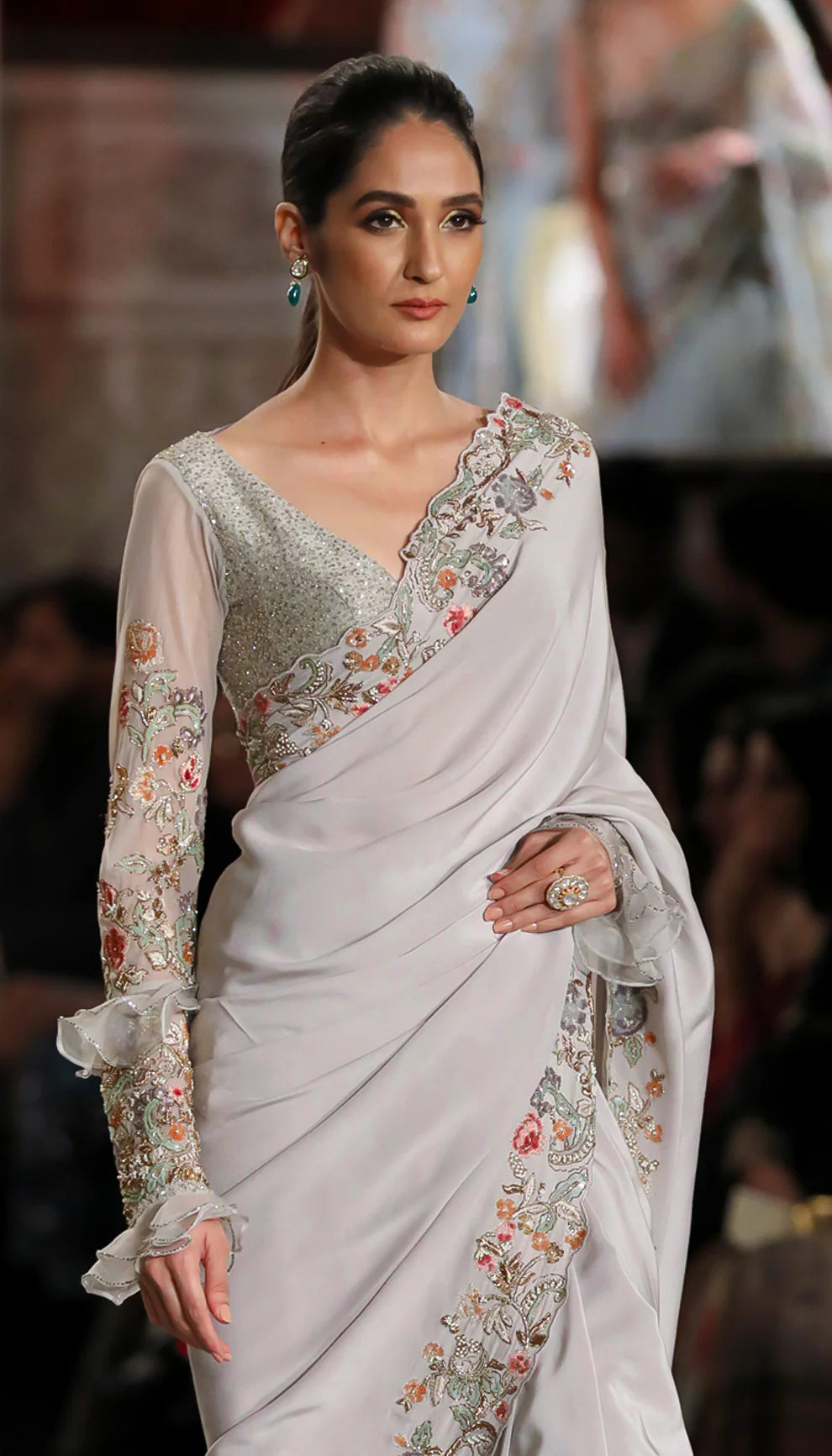 A Mood Grey Crepe Silk Saree with a Vintage Floral Border