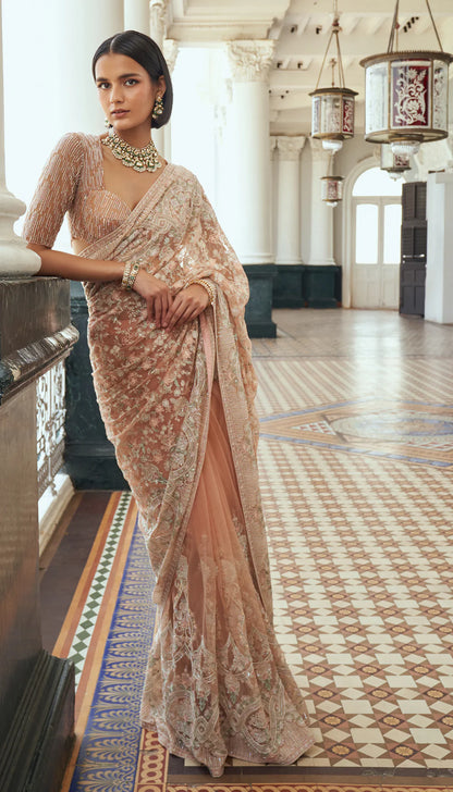 Peach Net Saree