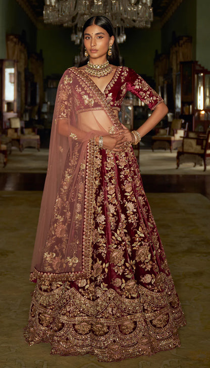 Wine Velvet Lotus Lehenga