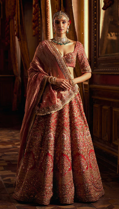 Red Raw Silk Bouquet Lehenga