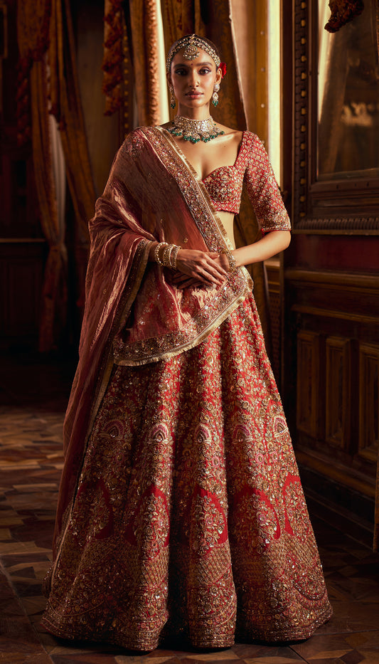 Red Raw Silk Bouquet Lehenga